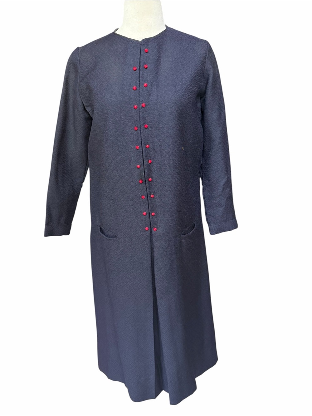1960s Navy Diamond-Patterned Textured Jacquard Knit Collarless A-Line Coatdress